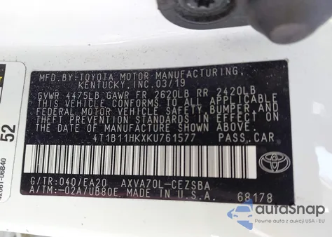 2019 Toyota Camry Se from USA, damaged, VIN 4T1B11HKXKU761577